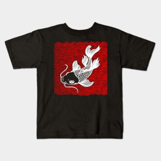 Koi Fish Great Wave Tattoo V2 Red Wht Kids T-Shirt